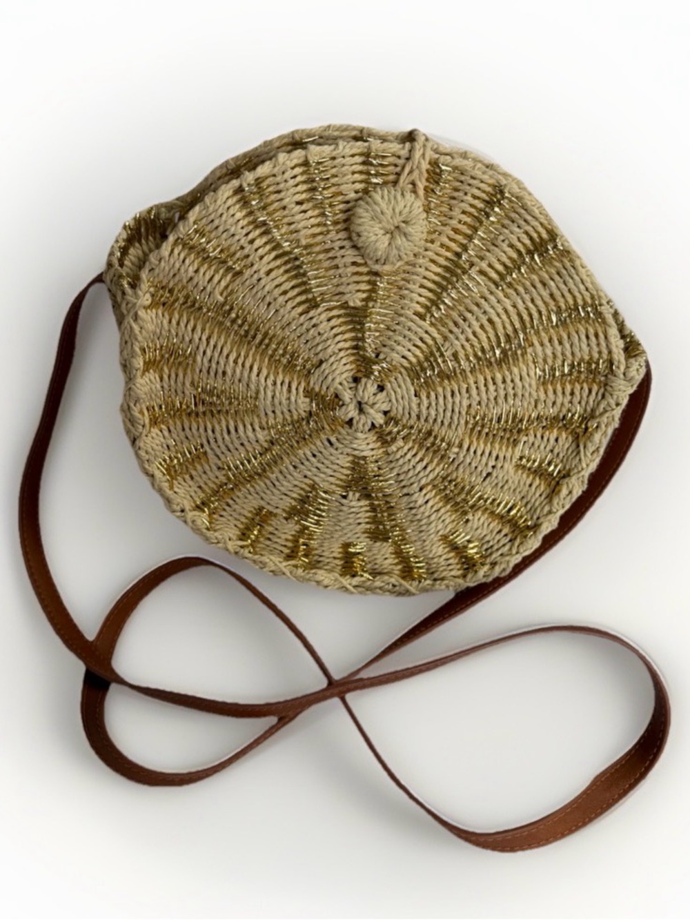 American Eagle Boho Gold Metallic Woven Straw Round Crossbody Circle Purse Bag